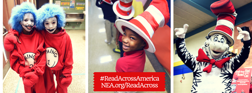 Elementary students dress up in Dr. Seuss hats and costumes for Read Across America Week