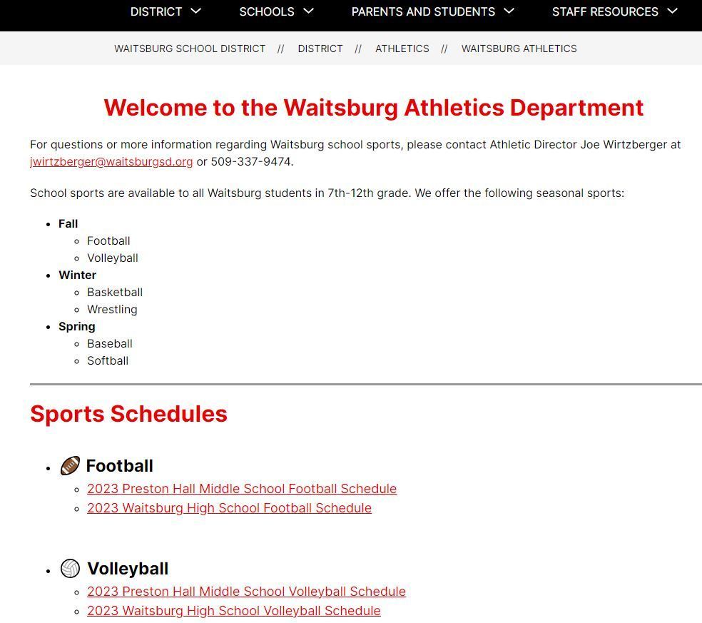 screenshot of athletics webpage
